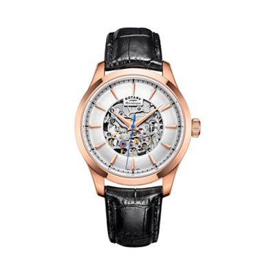 Men's rose gold 'Skeleton' black leather watch gs05036/06